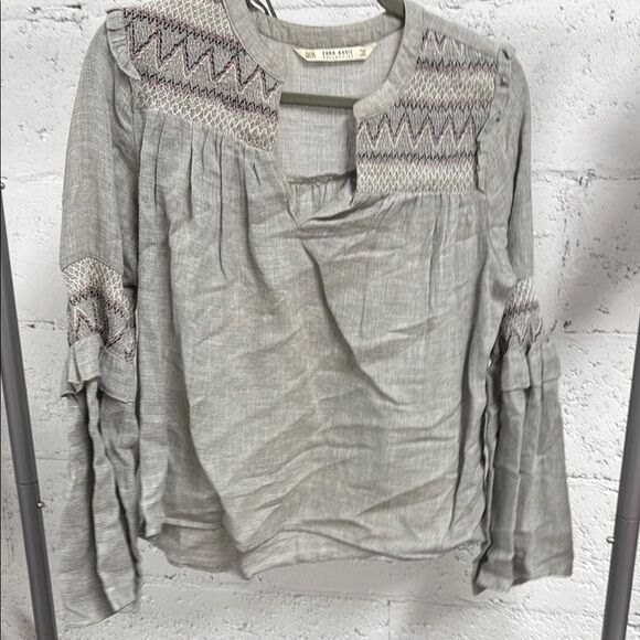 Gray Women's Top - Zara Bohemian Long Sleeve - Like New - Size XS - Picture 1 of 3